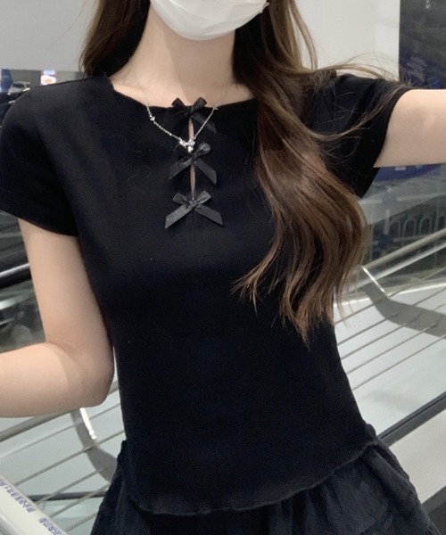 leune（ルネ）の「トリプルミニリボントップス/リボン付フロントスリットTシャツ（Tシャツ/カットソー・レディース・オフホワイト/グレー/ブラック・FREE）」の10枚目の写真