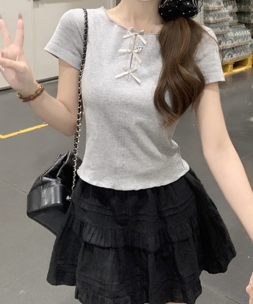 tシャツ フロントリボンリブトップス レディース 楽天市場】フロント レースアップ コンパクト リブ ニット