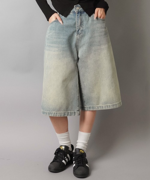 ウォッシュドデニムハーフパンツ ヴィンテージライク/S,M,L 3サイズ