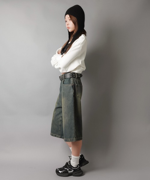 ウォッシュドデニムハーフパンツ ヴィンテージライク/S,M,L 3サイズ