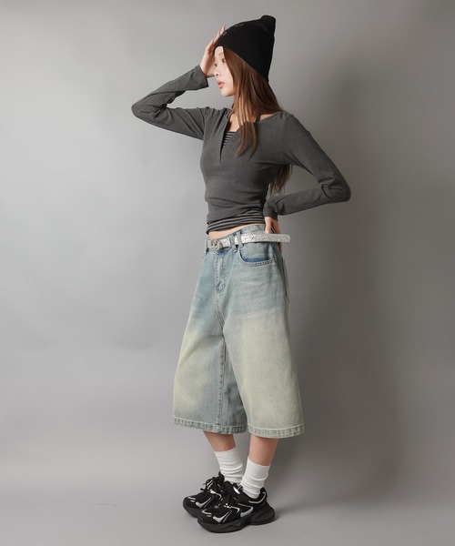 ウォッシュドデニムハーフパンツ ヴィンテージライク/S,M,L 3サイズ