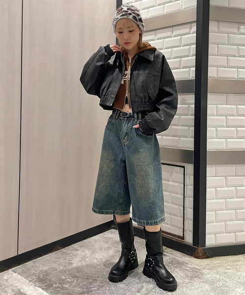 SPINNS（スピンズ）の「ウォッシュドデニムハーフパンツ ヴィンテージライク/S,M,L 3サイズ展開（デニムパンツ・レディース・ブルー/ブラック×イエロー/ブルー系その他・M/S/L）」の14枚目の写真