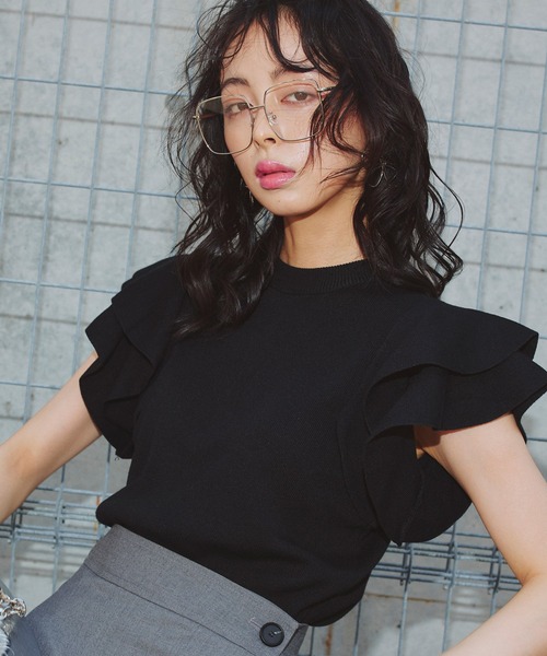 Narcissus（ナルシス）の「フリルニットトップス（Tシャツ/カットソー・レディース・ブラック/ホワイト・FREE）」の2枚目の写真