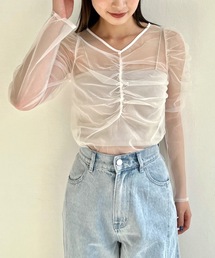 ギャザーデザインシアーチュールトップス