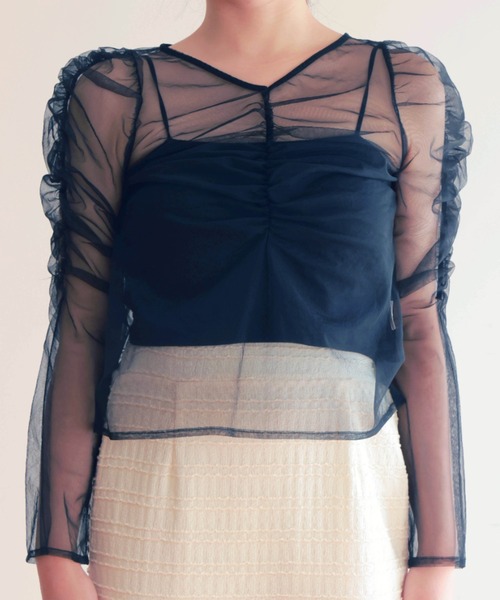 PURE BRIGHT（ピュアブライト）の「ギャザーデザインシアーチュールトップス（Tシャツ/カットソー・レディース・ブラック/アイボリー・FREE）」の20枚目の写真