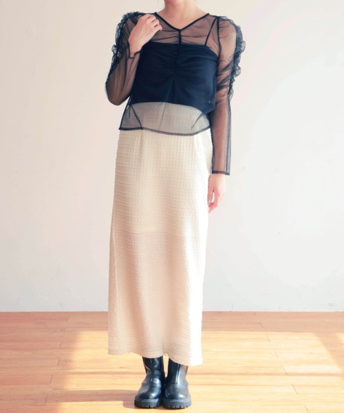 PURE BRIGHT（ピュアブライト）の「ギャザーデザインシアーチュールトップス（Tシャツ/カットソー・レディース・ブラック/アイボリー・FREE）」の8枚目の写真