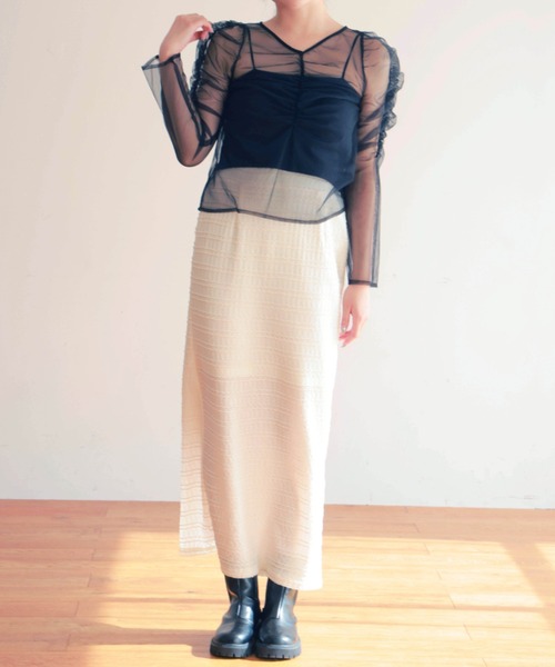 PURE BRIGHT（ピュアブライト）の「ギャザーデザインシアーチュールトップス（Tシャツ/カットソー・レディース・ブラック/アイボリー・FREE）」の3枚目の写真