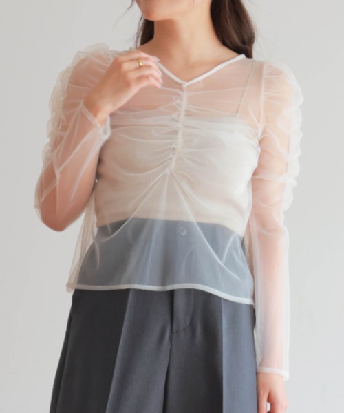 PURE BRIGHT（ピュアブライト）の「ギャザーデザインシアーチュールトップス（Tシャツ/カットソー・レディース・ブラック/アイボリー・FREE）」の13枚目の写真