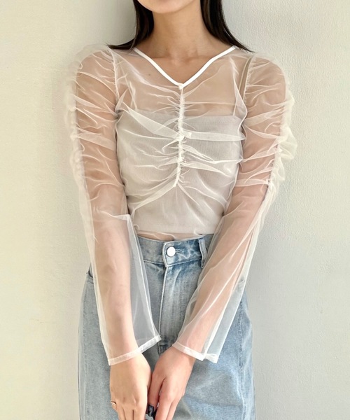 Carne Bollent シアートップス　美品 セール】ギャザーデザインシアーチュールトップス（Tシャツ