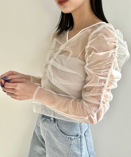Carne Bollent シアートップス　美品 セール】ギャザーデザインシアーチュールトップス（Tシャツ