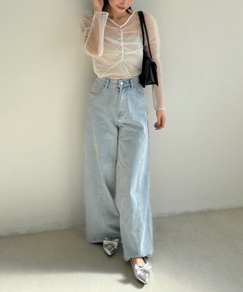 セール】ギャザーデザインシアーチュールトップス（Tシャツ