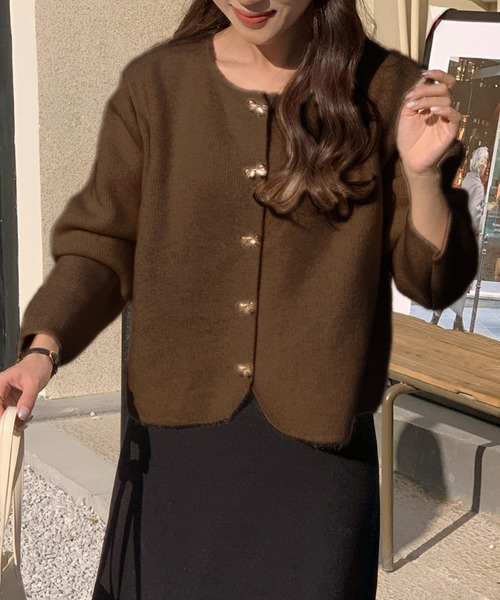 リボン付きレッドニットカーディガン リボンクルーネックカーディガン[品番：EMEW0047277]｜earth