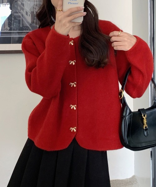 セール】リボン釦ニットカーディガン（カーディガン/ボレロ）｜Girly