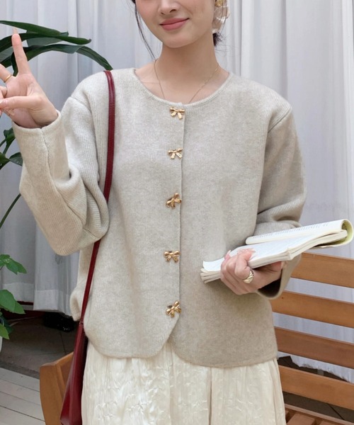 【未使用級✨️】 Rene パール カーディガン フリル リボン ブラウン 茶色 リボン釦ニットカーディガン（カーディガン/ボレロ）｜Girly Doll