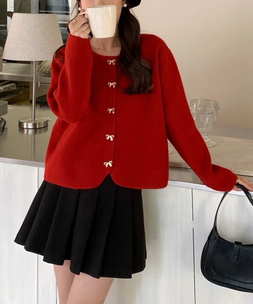 セール】リボン釦ニットカーディガン（カーディガン/ボレロ）｜Girly