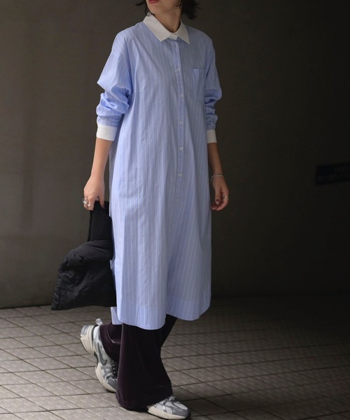 &HALF(アンドハーフ)の「ルーズロングシャツワンピース(無地/ストライプ)(シャツワンピース・レディース・ネイビー/サックスブルー/ベージュ・FREE)」の6枚目の写真