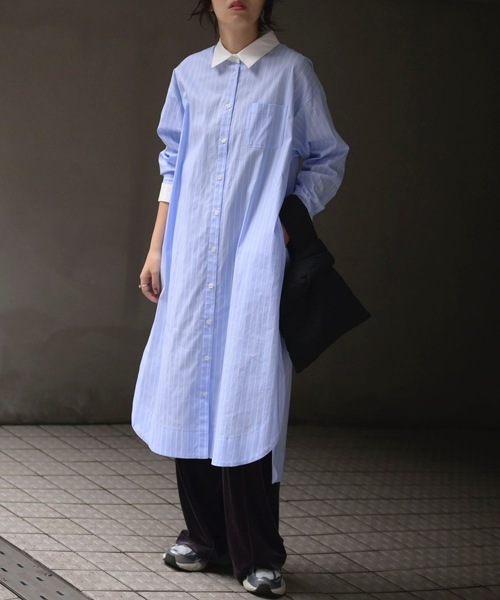 &HALF(アンドハーフ)の「ルーズロングシャツワンピース(無地/ストライプ)(シャツワンピース・レディース・ネイビー/サックスブルー/ベージュ・FREE)」の8枚目の写真