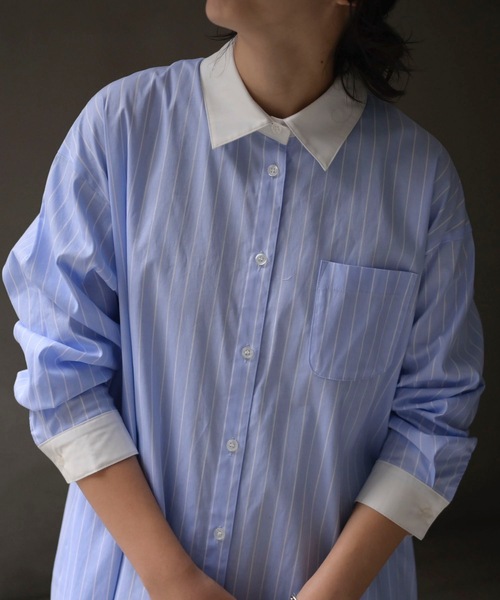 &HALF(アンドハーフ)の「ルーズロングシャツワンピース(無地/ストライプ)(シャツワンピース・レディース・ネイビー/サックスブルー/ベージュ・FREE)」の10枚目の写真