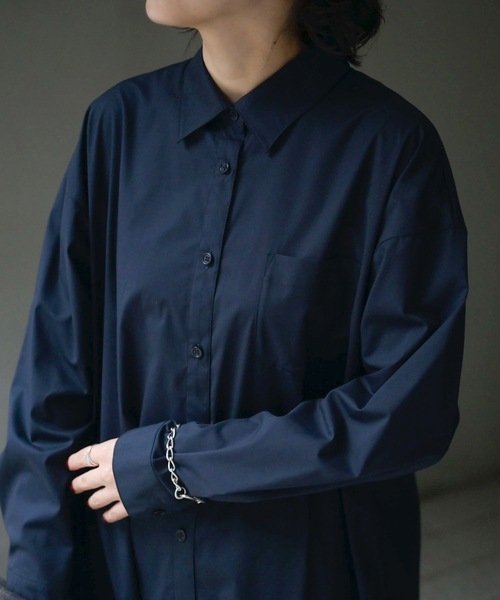 &HALF(アンドハーフ)の「ルーズロングシャツワンピース(無地/ストライプ)(シャツワンピース・レディース・ネイビー/サックスブルー/ベージュ・FREE)」の11枚目の写真