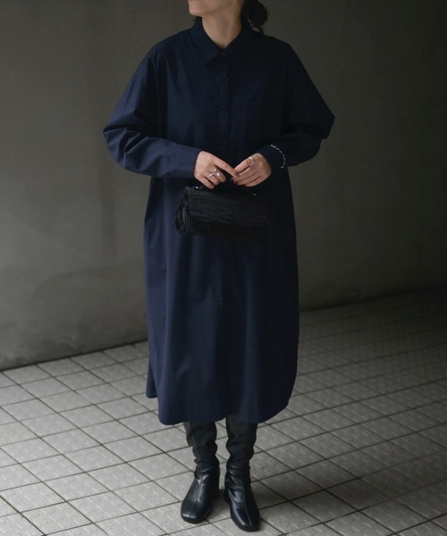 &HALF(アンドハーフ)の「ルーズロングシャツワンピース(無地/ストライプ)(シャツワンピース・レディース・ネイビー/サックスブルー/ベージュ・FREE)」の13枚目の写真
