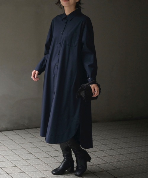 &HALF(アンドハーフ)の「ルーズロングシャツワンピース(無地/ストライプ)(シャツワンピース・レディース・ネイビー/サックスブルー/ベージュ・FREE)」の14枚目の写真