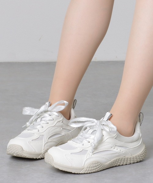 セール】パール付き グログラン リボン メッシュ スニーカー