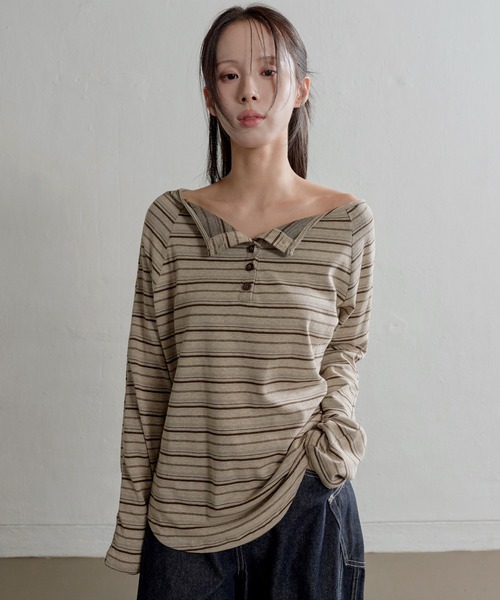 UNE MANSION(ユヌマンション)の「ムードオフショルダーボタンストライプルーズフィットカットソー(Tシャツ/カットソー・レディース・ベージュ/チャコール・FREE)」の15枚目の写真