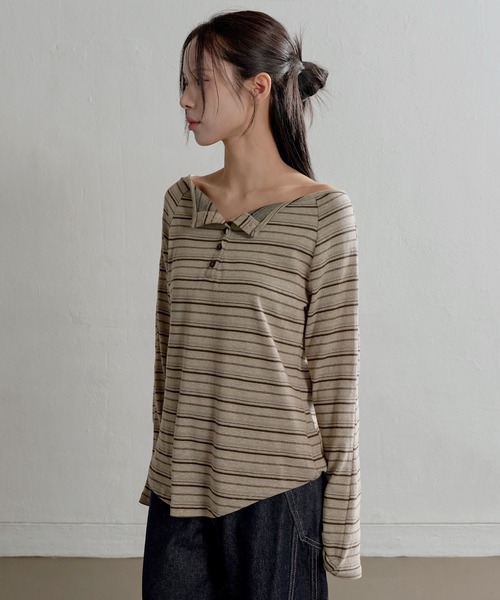 UNE MANSION(ユヌマンション)の「ムードオフショルダーボタンストライプルーズフィットカットソー(Tシャツ/カットソー・レディース・ベージュ/チャコール・FREE)」の21枚目の写真