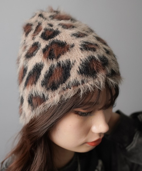 サンローランニット帽ブラウンレオパードビーニー