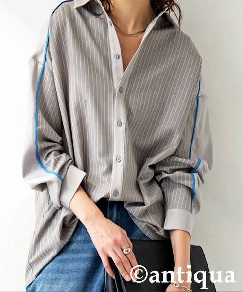 antiqua(アンティカ)の「パイピング配色ストライプシャツ(シャツ/ブラウス・レディース・ブラック/グレー・ONESIZE)」の2枚目の写真
