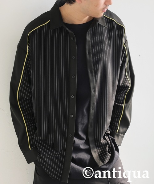 antiqua(アンティカ)の「パイピング配色ストライプシャツ(シャツ/ブラウス・レディース・ブラック/グレー・ONESIZE)」の9枚目の写真