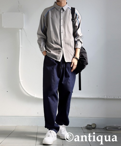 antiqua(アンティカ)の「パイピング配色ストライプシャツ(シャツ/ブラウス・レディース・ブラック/グレー・ONESIZE)」の21枚目の写真