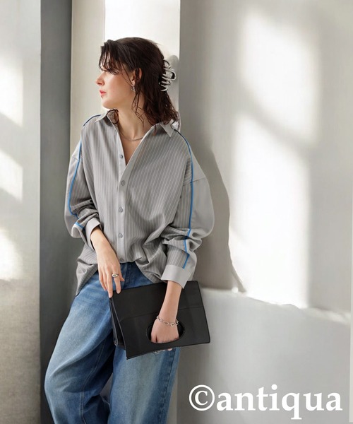 antiqua(アンティカ)の「パイピング配色ストライプシャツ(シャツ/ブラウス・レディース・ブラック/グレー・ONESIZE)」の13枚目の写真