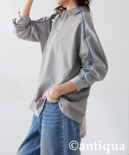 antiqua(アンティカ)の「パイピング配色ストライプシャツ(シャツ/ブラウス・レディース・ブラック/グレー・ONESIZE)」の14枚目の写真