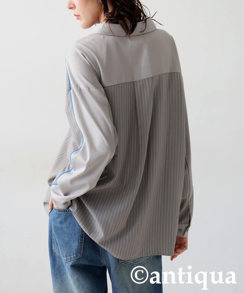 antiqua(アンティカ)の「パイピング配色ストライプシャツ(シャツ/ブラウス・レディース・ブラック/グレー・ONESIZE)」の15枚目の写真