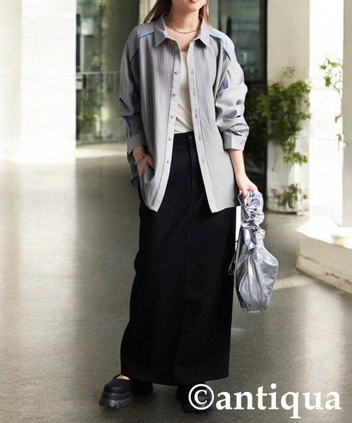 antiqua(アンティカ)の「パイピング配色ストライプシャツ(シャツ/ブラウス・レディース・ブラック/グレー・ONESIZE)」の17枚目の写真