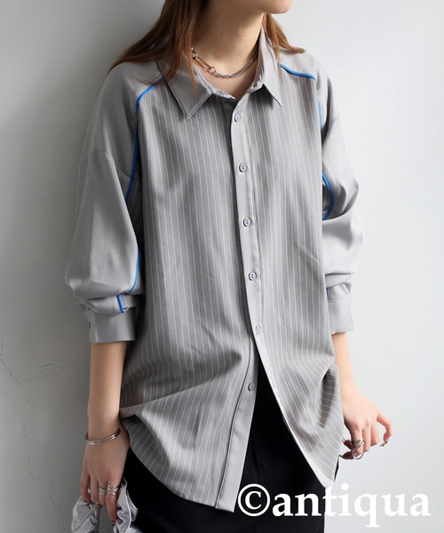 antiqua(アンティカ)の「パイピング配色ストライプシャツ(シャツ/ブラウス・レディース・ブラック/グレー・ONESIZE)」の18枚目の写真