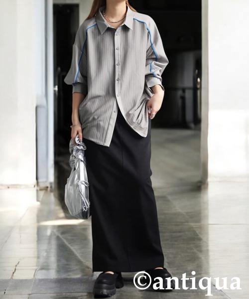 セール】パイピング配色ストライプシャツ（シャツ/ブラウス