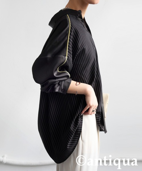 antiqua(アンティカ)の「パイピング配色ストライプシャツ(シャツ/ブラウス・レディース・ブラック/グレー・ONESIZE)」の3枚目の写真