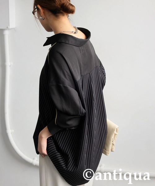 antiqua(アンティカ)の「パイピング配色ストライプシャツ(シャツ/ブラウス・レディース・ブラック/グレー・ONESIZE)」の4枚目の写真