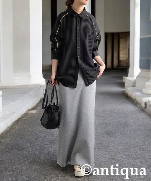 antiqua(アンティカ)の「パイピング配色ストライプシャツ(シャツ/ブラウス・レディース・ブラック/グレー・ONESIZE)」の6枚目の写真
