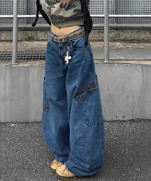 セール】レオパード柄 バレルレッグ ワイドカーブデニムパンツ（デニム