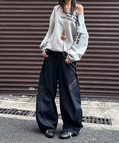 セール】レオパード柄 バレルレッグ ワイドカーブデニムパンツ（デニム