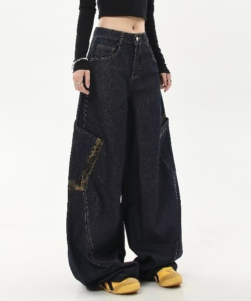 セール】レオパード柄 バレルレッグ ワイドカーブデニムパンツ（デニム