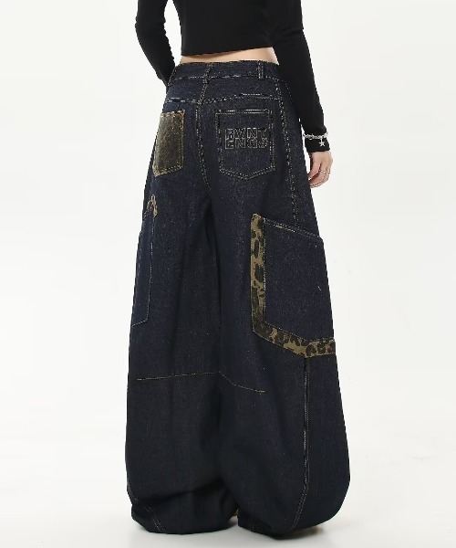 セール】レオパード柄 バレルレッグ ワイドカーブデニムパンツ（デニム