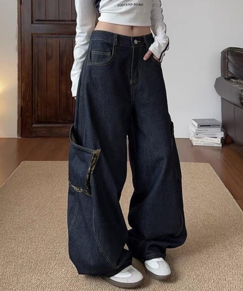 セール】レオパード柄 バレルレッグ ワイドカーブデニムパンツ（デニム