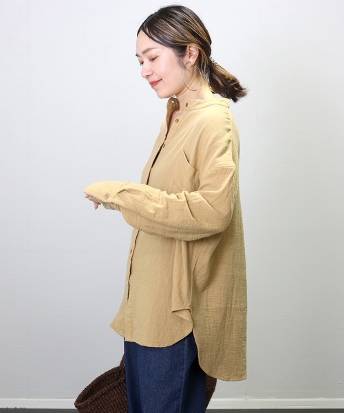 Aletta vita(アレッタビータ)の「ダブルガーゼバンドカラー長袖シャツ(シャツ/ブラウス・レディース・ベージュ/ブラック・FREE)」の4枚目の写真