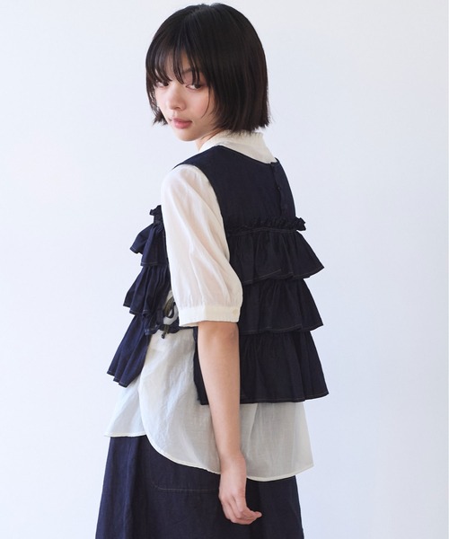bulle de savon(ビュルデサボン)の「5.5oz denim furifuri ベスト(シャツ/ブラウス・レディース・ブルー/インディゴブルー・FREE)」の13枚目の写真