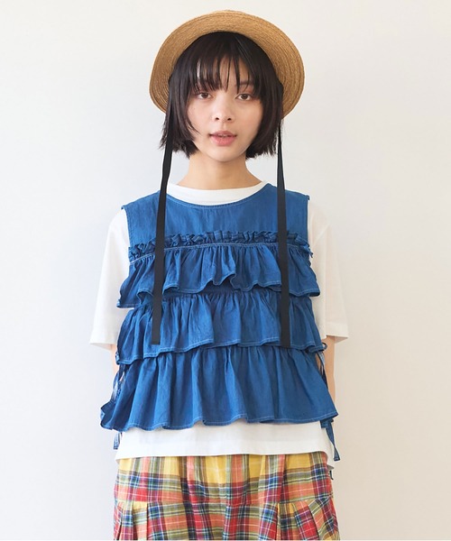 bulle de savon(ビュルデサボン)の「5.5oz denim furifuri ベスト(シャツ/ブラウス・レディース・ブルー/インディゴブルー・FREE)」の3枚目の写真