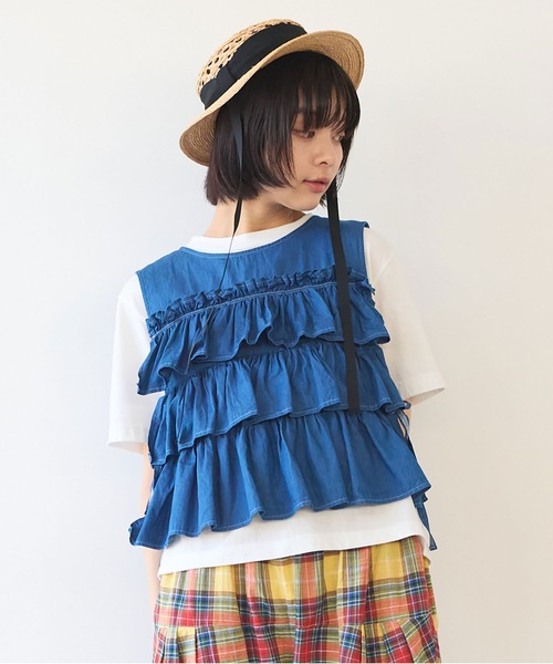 bulle de savon(ビュルデサボン)の「5.5oz denim furifuri ベスト(シャツ/ブラウス・レディース・ブルー/インディゴブルー・FREE)」の4枚目の写真